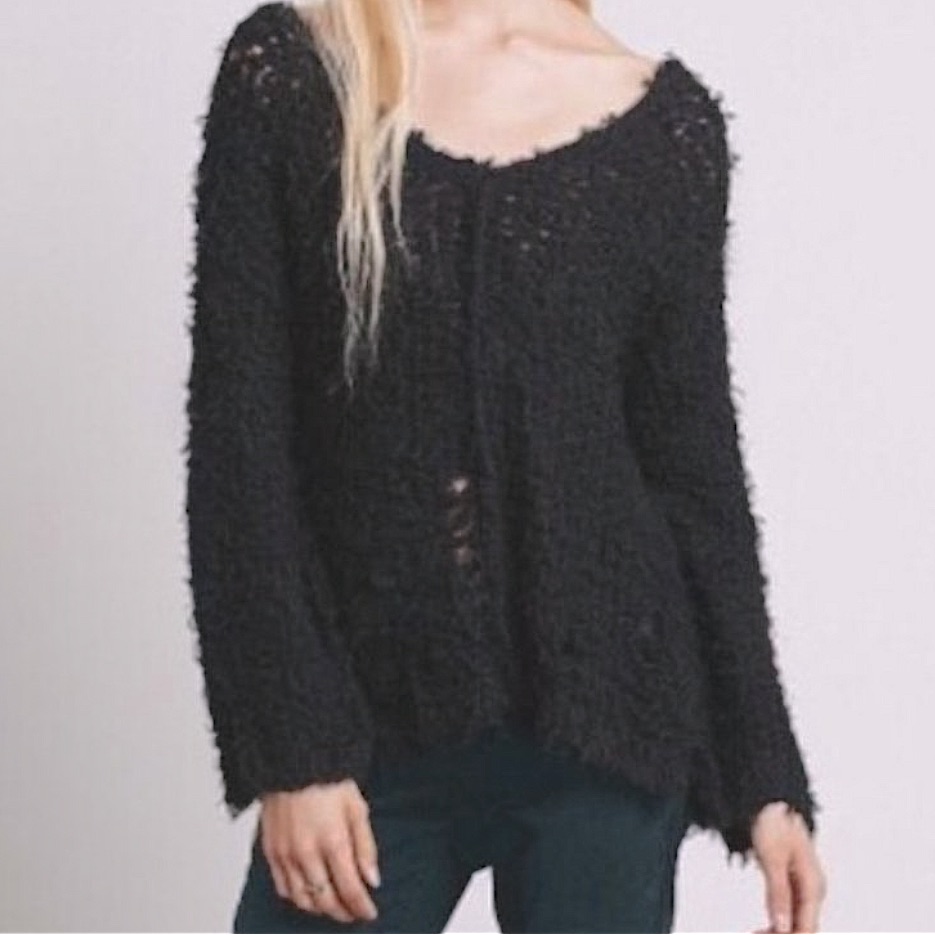 Free People, V-Neck, Polar Bear, Black Sweater, Size Small